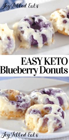 easy keto mini blueberry donuts on a white plate with text overlay