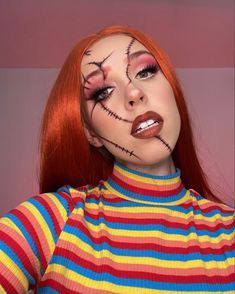 Chucky Halloween Costume Ideas, Chuckie Halloween Makeup, Chucky Costumes Female, Chucky Women Makeup, Easy Chucky Costume, Chunky Makeup Halloween, Chucky Halloween Costume Makeup