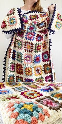 a woman is holding up a crocheted granny's blanket with flowers on it