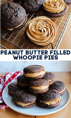 chocolate peanut butter filled whoopie pies on a cooling rack with the words, how to make peanut butter filled whoopies