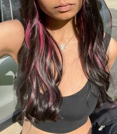 #pinkhair #haircolor #draculaura #monsterhigh Pink On Black Hair, Black Hair Pink Streaks, Dark Hair Pink Highlights, Pink Highlights Black Hair, Pink Highlights Hair, Pink Highlights In Black Hair, Black Hair Pink Highlights, Black Hair With Pink Highlights, Highlights In Black Hair