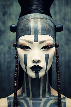 a woman with black and white face paint on her body is wearing an elaborate headpiece