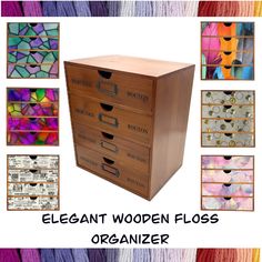 an assortment of wooden floss and drawers with different designs on them, including the words elegant wooden floss organizer