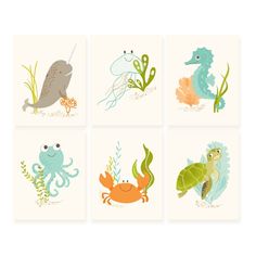 four cards with sea animals and plants in different colors, each featuring an octopus, turtle, crab, fish, and jellyfish