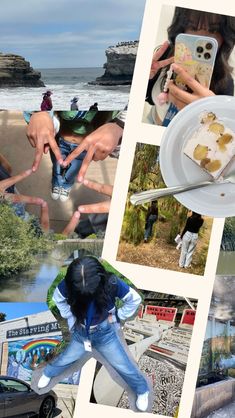 a collage of photos with people taking pictures and eating desserts at the beach