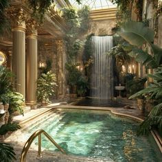 an indoor swimming pool with a waterfall in the middle and greenery around it, surrounded by gold columns