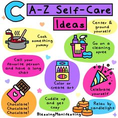 a poster with the words c - z self care ideas on it and pictures of food,