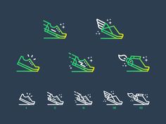 the different types of shoes are shown in green and blue colors on a dark background