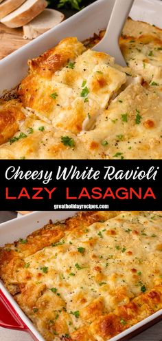 cheesy white ravioli with lazy lasagna in a red casserole dish