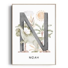 the letter n is for noah with dinosaurs and plants in grey, green, yellow and white