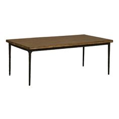 a wooden table with metal legs on a white background