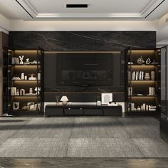 a modern living room with black and white furniture, bookshelves and shelves on the wall