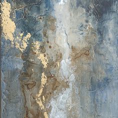 an abstract painting with blue, gold and white colors on the outside side of it