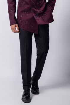 Maroon linen satin bandhgala with thread, sequins and cutdana hand emboidery. Comes with black suiting trouser. - Aza Fashions Satin Hands, Aza Fashion, Hand Embroidered, Thread, Trousers, Satin, For Men, Black