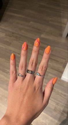 Coral Swirl Nails, Orange Swirl Nails, Hot Pink And Orange Nails, Purple And Orange Nails, Orange Red Nails, Orange And Pink Nails, Pink Swirl Nails, Lightning Nails, Rounded Acrylic Nails