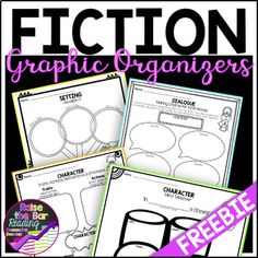 the graphic organizer for fiction is shown in three different colors and sizes, including black and white