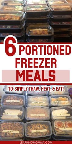 six portions of frozen meals in plastic containers with text overlay reading 6 portions freeze meals to simly tha, heat & eat