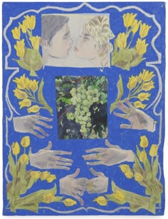 a painting with yellow flowers and hands surrounding it