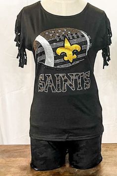 Rhinestone Saints Football Game Day Top | Bella Lucca Boutique Rhinestone Football, Tyler Candle Company, Saints Shirts, Saints Football, Rhinestone Top, Fringe Top, Phone Screen, Sleeve Detail, Round Collar