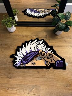 the washington huskies rug is on the floor next to a mirror and potted plant