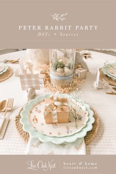 the table is set for a party with gifts on it and place settings in pastel colors