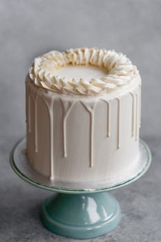 a white cake with icing on a glass plate next to a blue pedestal and gray background