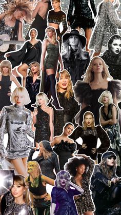 a collage of many different women in black and silver outfits, with one woman's head tilted to the side