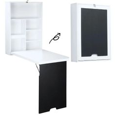 a white desk with an open book shelf next to it and a black drawer underneath