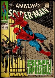 the amazing spider - man comic cover framed in a black frame with an iron fence