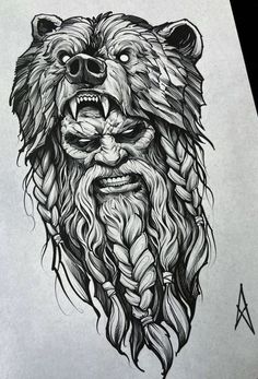 a drawing of a bear's head with long hair and beards on it