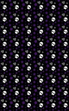 skulls and hearts on black fabric with purple stars in the background, seamless pattern