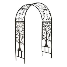 an iron arch with trees and leaves on the sides, set against a white background