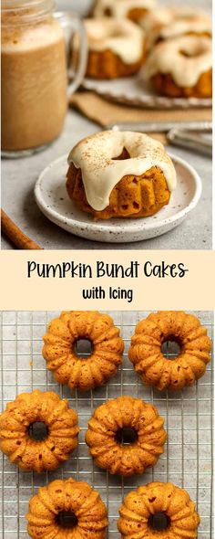 pumpkin bundt cakes with icing on a cooling rack and in the background there are donuts