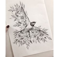 a drawing of a bird with flowers on it