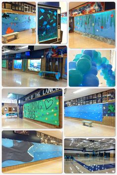 several pictures of the inside of a building with blue balloons and fish on it's walls