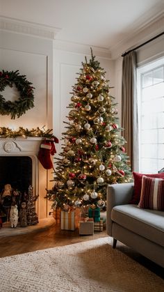 a living room with a christmas tree in the corner