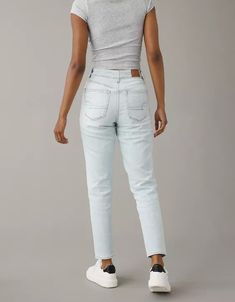 AE Strigid Mom Jean Relaxed Fit Tapered Bottoms For Everyday, Everyday Light Wash Mom Fit Bottoms, Mid-rise Mom Fit Bottoms With Belt Loops, Everyday Mom Fit Pants With Tapered Leg, Casual Mom Fit Tapered Leg Bottoms, Everyday Mom Fit Tapered Leg Pants, High Waist Tapered Pants For Everyday, Mom Fit Tapered Leg Bottoms With Belt Loops, High Waist Mom Fit Pants For Everyday