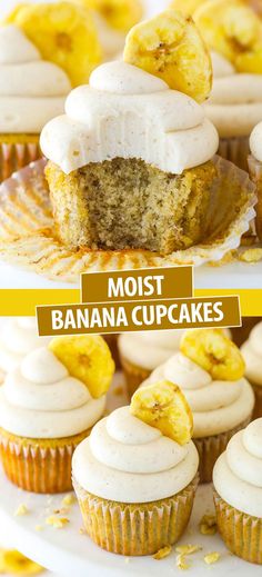 banana cupcakes with cream cheese frosting and sliced bananas on top are shown