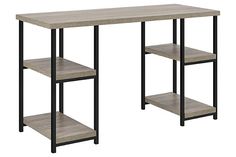 a wooden table with two shelves on one side and an open shelf on the other