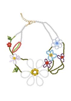 a multicolored beaded necklace with flowers