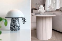 two different views of a living room with white furniture and plants in vases on the table