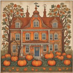 an orange house surrounded by pumpkins and trees