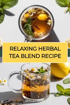 Relaxing herbal tea with chamomile and mint in a glass cup.