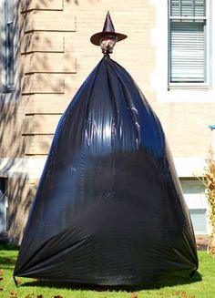 a large black bag sitting on top of a lush green field next to a building