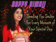 a woman holding a piece of pizza in her hands with the words happy diwaly on it