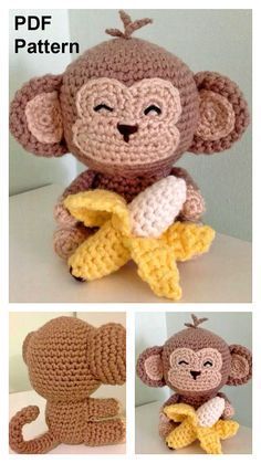 there is a crocheted monkey with bananas in it's hand and another photo of the same stuffed animal