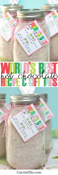 three jars with labels on them that say words best, hot chocolate and sugar bits