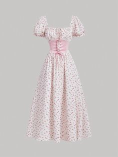 @SHEINofficial Long Sleeve Milkmaid Dress, Pink Long Dresses, Pink Dress Floral, Floral Dress Pink, Long Floral Dress, Milkmaid Dress, Floral Dresses Long