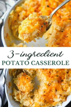 three ingredient potato casserole in a white dish with a spoon