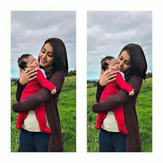 two pictures of a woman holding a baby in her arms and smiling at the camera